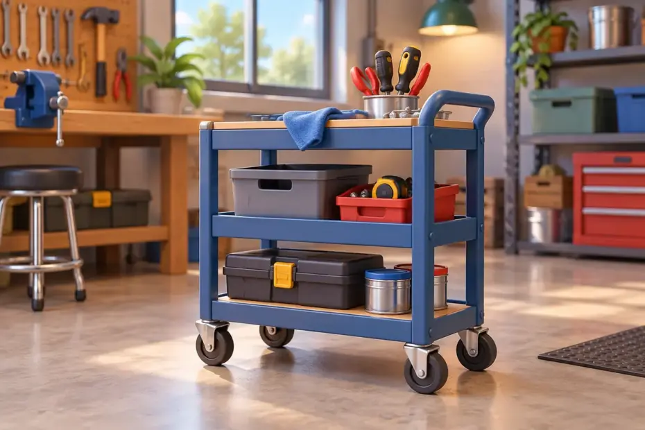 A small utility cart stands on four caster wheels in a workshop.