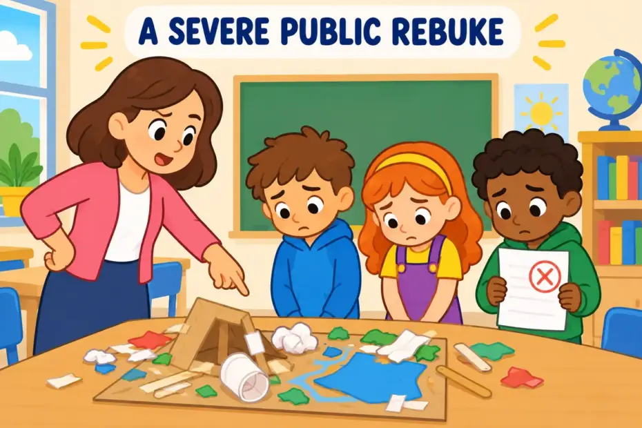 Cartoon pupils look down as a teacher points firmly at a poor project, illustrating castigate in a sentence as severe criticism.
