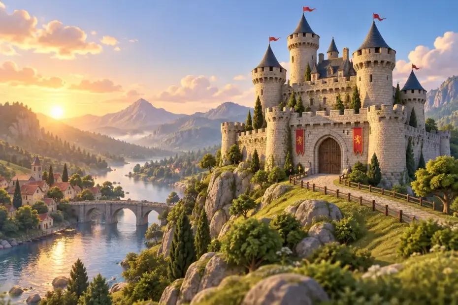 A stone castle with towers overlooks a river from a hill.