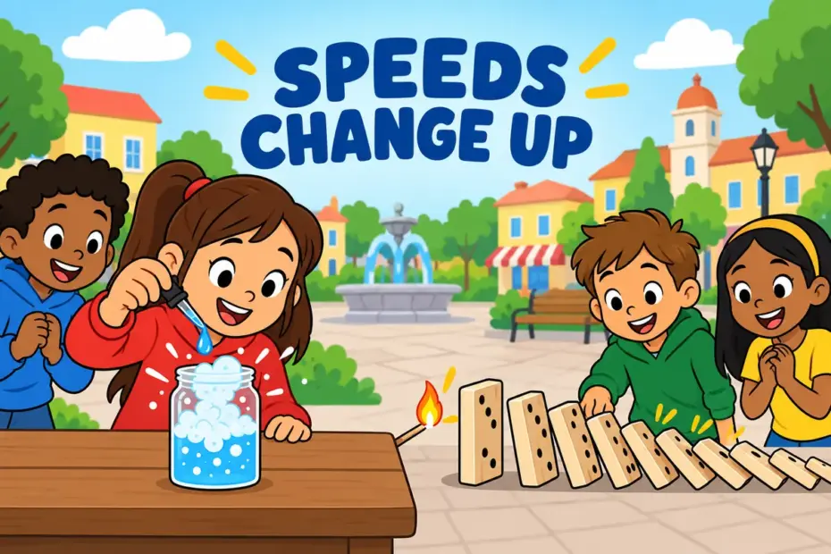 Cartoon children add a catalyst to a bubbling jar as a second scene shows a small event sparking a big change.