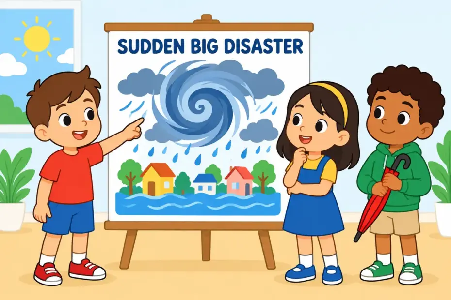Cartoon children watch a storm symbol over a town on a weather map, showing catastrophe in a sentence as a sudden large-scale disaster.
