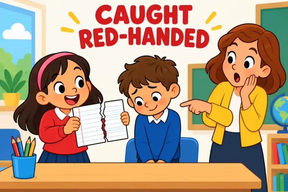 Cartoon children show a teacher a torn book, illustrating catch out in a sentence as trapping a person with proof.