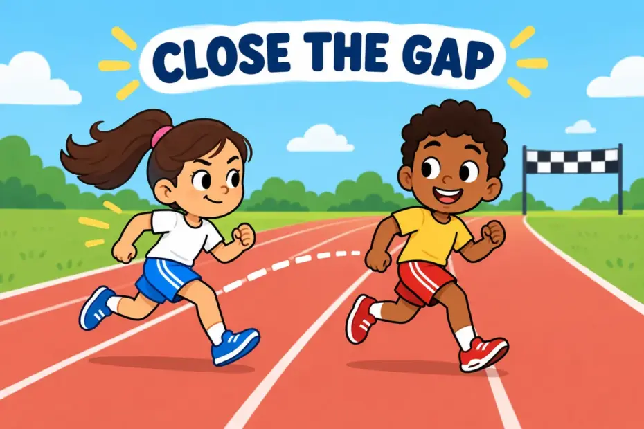 Cartoon runner stretches to reach a friend ahead on a track, showing catch up in a sentence as closing the distance.