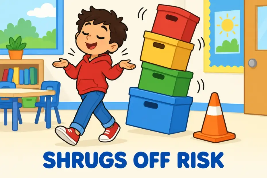 A cartoon child shrugs beside a wobbling tower of boxes, illustrating cavalier in a sentence as dismissive disregard.