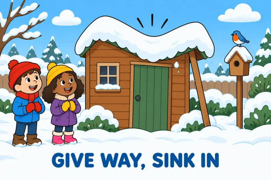 Cartoon children watch a snow-covered shed roof cave in, showing cave in in a sentence as a structure falling inward.