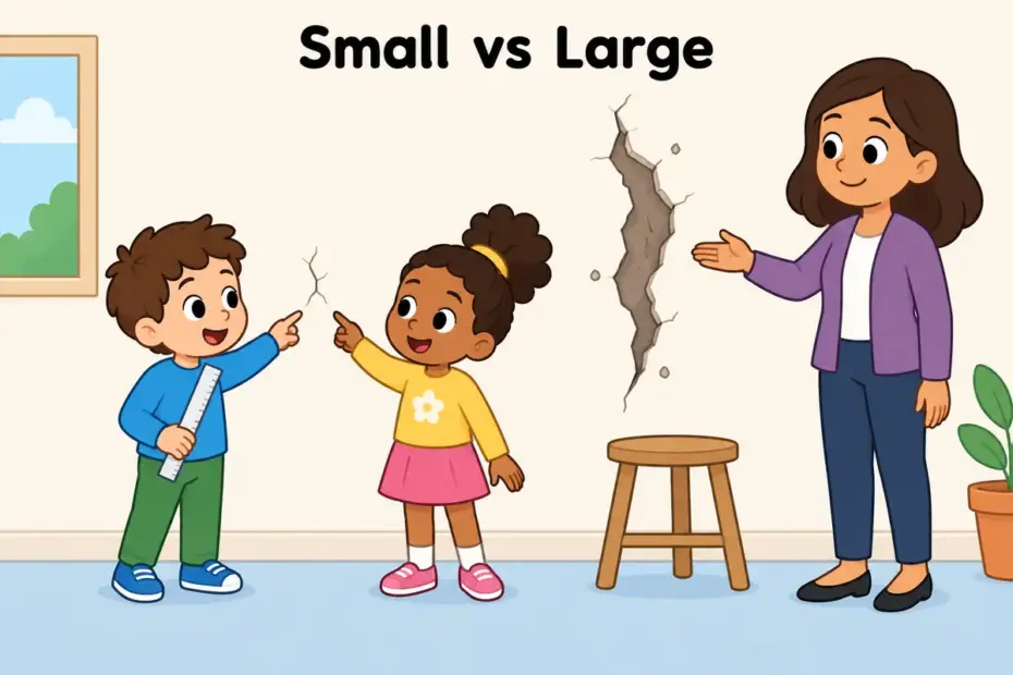Cartoon children argue over one tiny crack in a wall while ignoring a large, obvious hole, showing cavil in a sentence.