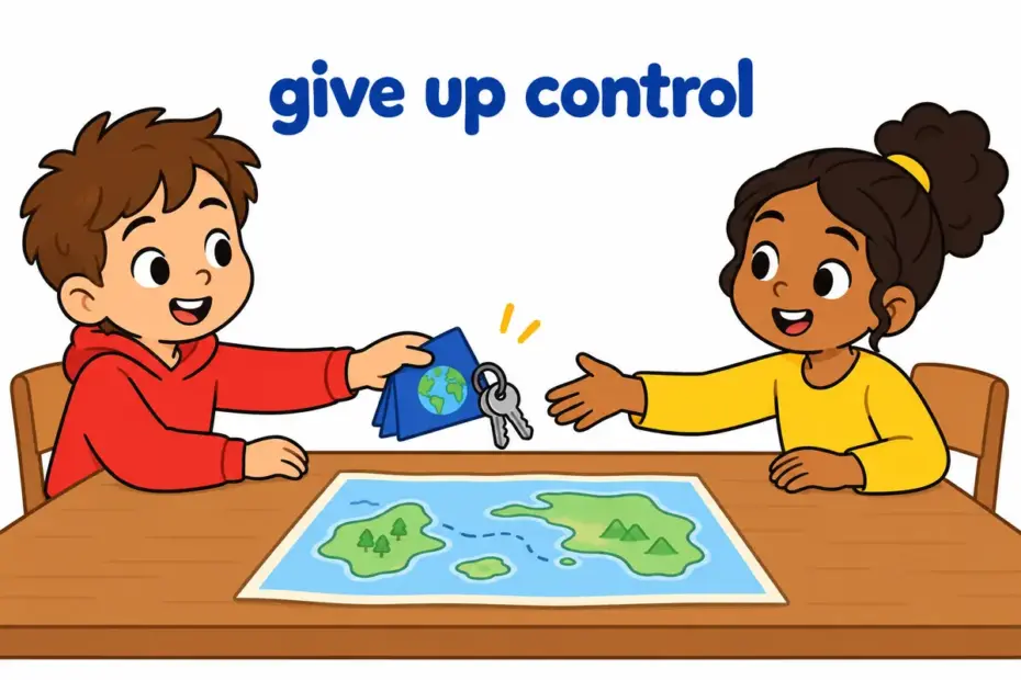 Cartoon leaders hand a small flag across a table to new owners, showing cede in a sentence as giving up control.