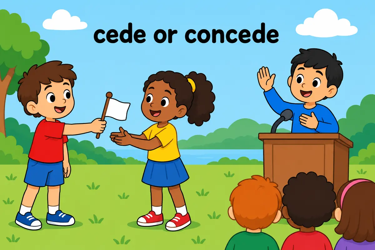 A single unified cartoon scene contrasts a figure handing over a small flag to a receiver with a speaker raising a hand to admit a point.