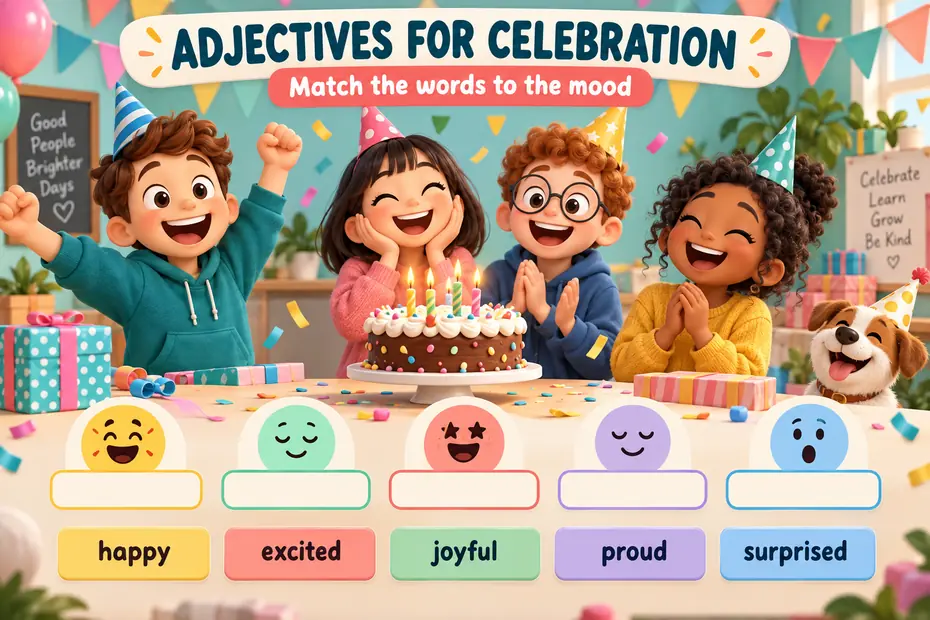 Adjectives for celebration match the words to the mood.