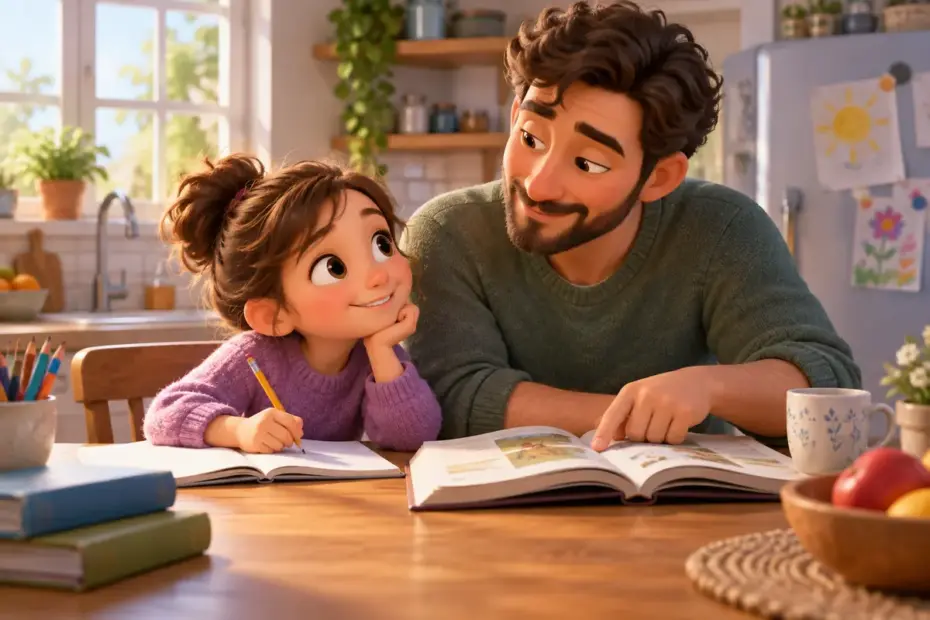 A parent and child study books together at a kitchen table.