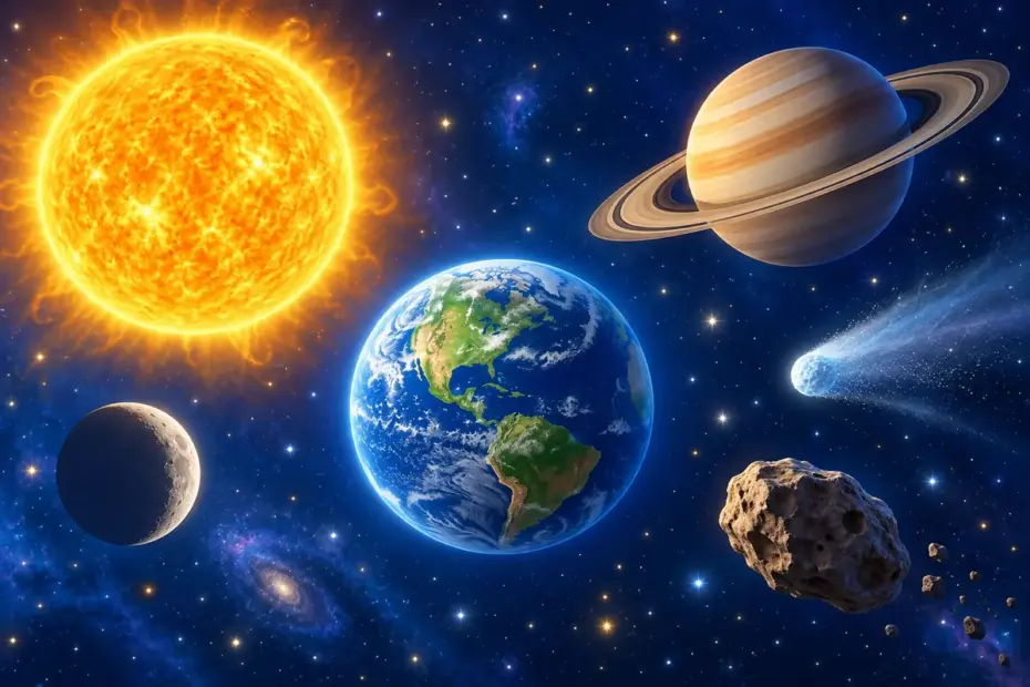 A bright Sun, blue Earth, ringed planet, crescent Moon, rocky asteroid, and icy comet appear together in a clean 3D space scene.