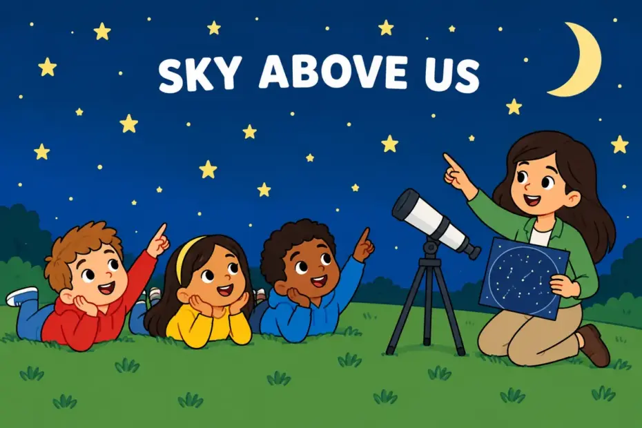 Cartoon children lie on grass at night pointing at stars, showing celestial in a sentence as belonging to the sky.