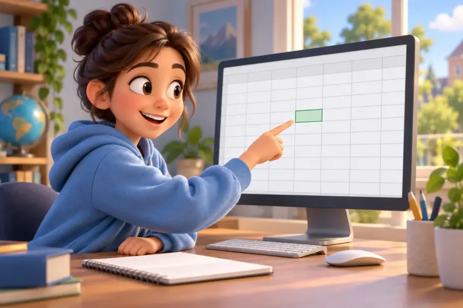 A student points to one square in a blank spreadsheet grid.