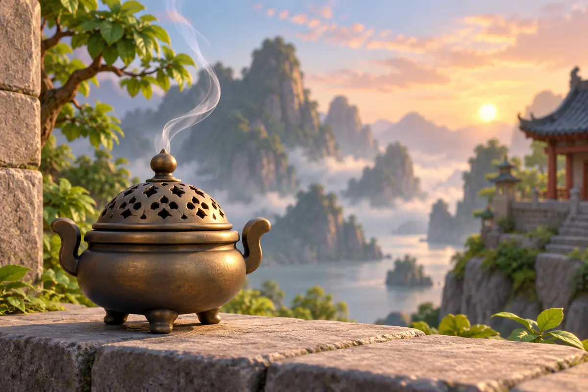 An incense burner with a thin curl of smoke on a stone ledge.