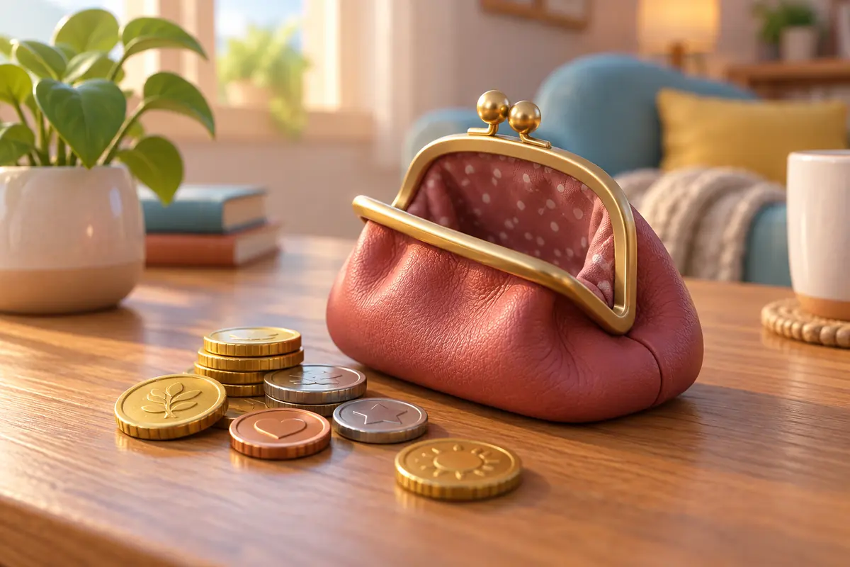 A handful of coins beside a small open purse.
