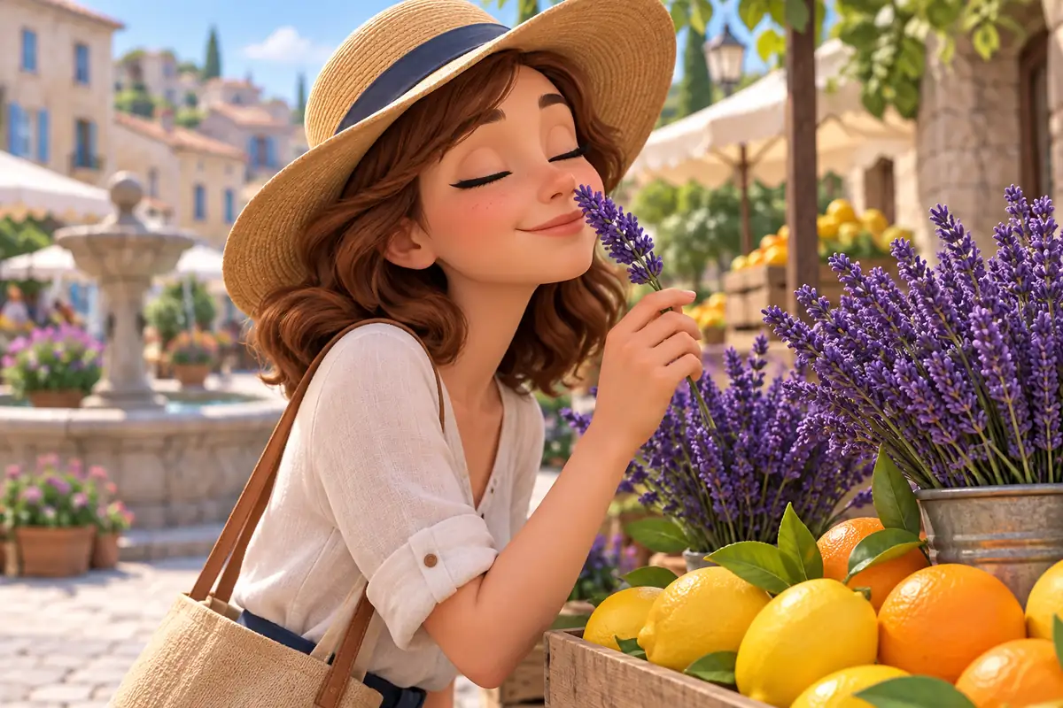 A shopper smelling a lavender sprig beside citrus fruit.