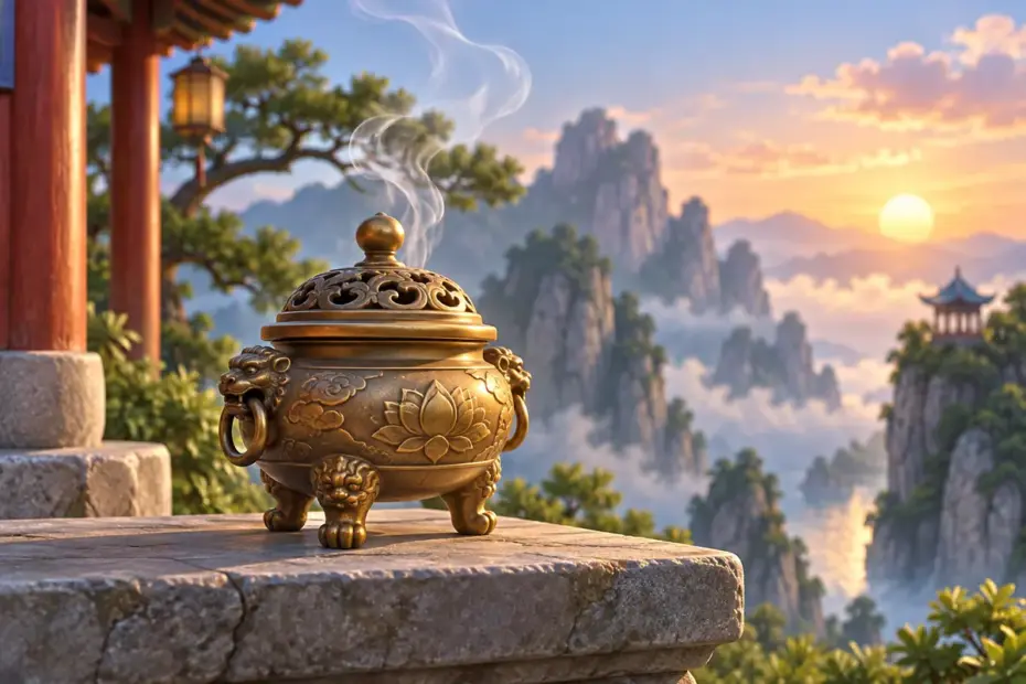 An ornate incense vessel rests on a stone ledge.