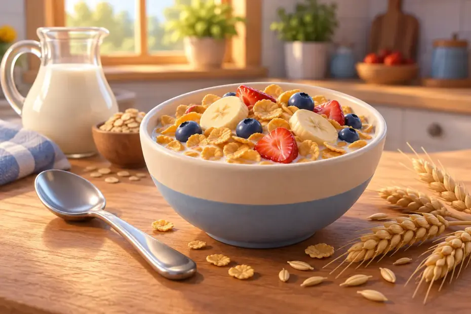 A bowl of cereal stands beside a spoon and grain stalks.