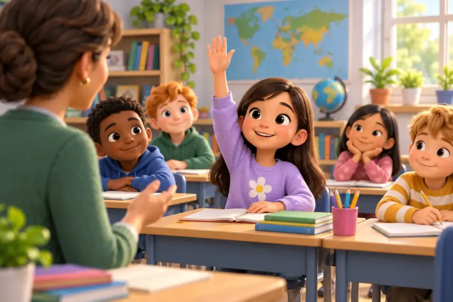 A student confidently raises a hand to answer a teacher’s question during a friendly classroom discussion.