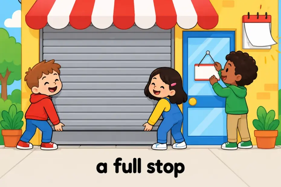 Cartoon pupils close a shop shutter for good beside a finish sign, showing cessation in a sentence as a final stop.