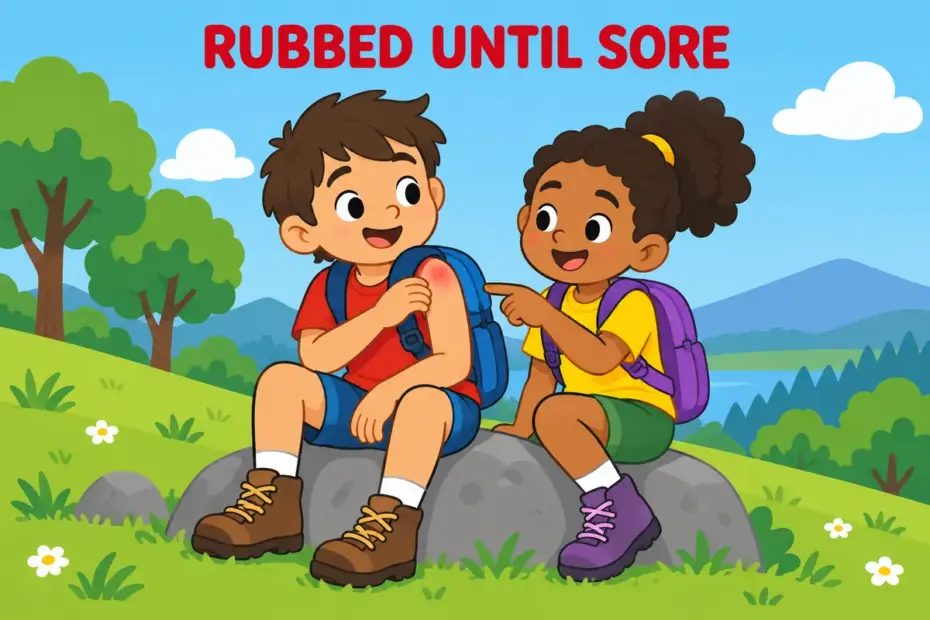 A cartoon hiker frowns at a red mark under a backpack strap, showing chafe in a sentence as skin rubbed sore by friction.