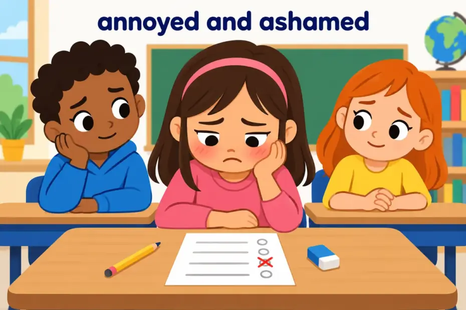 Cartoon children watch a test paper with a crossed answer, showing chagrin in a sentence as embarrassment mixed with annoyance.