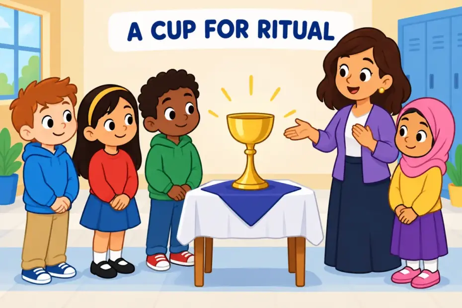 Cartoon children watch a golden cup on a table at a school assembly, showing chalice in a sentence as a ceremonial cup.
