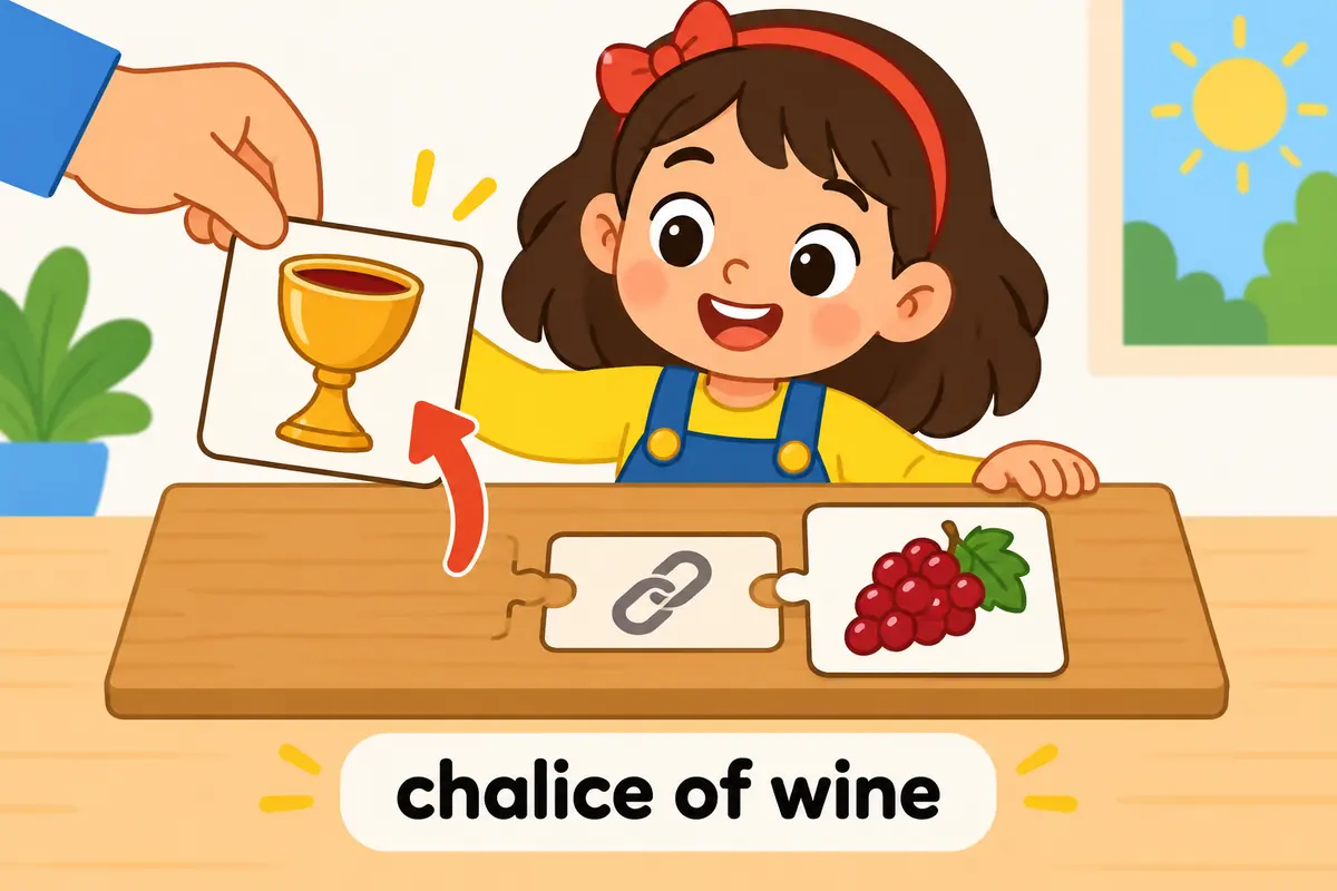 A cartoon board shows a cup card joined by a small of card to a red grape card, then a hand card lifting the cup.