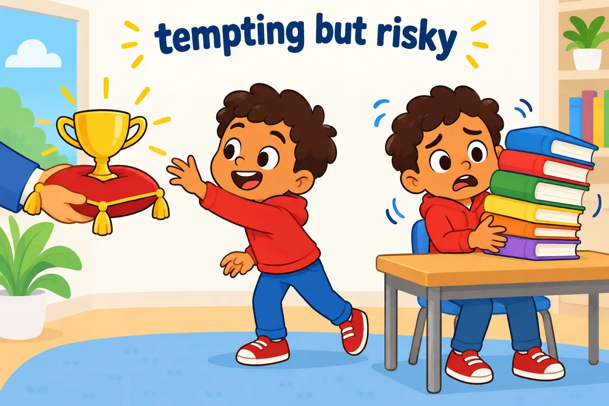 A single cartoon scene contrasts a bright cup offered to a smiling child with the same child later looking worried under a heavy load.