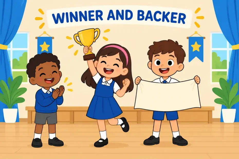 Cartoon children hold a trophy and a cause banner, illustrating champion in a sentence as both winner and defender.