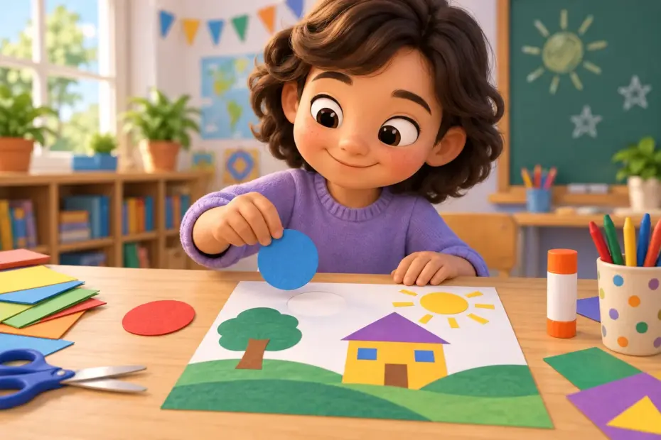 A child replaces a red paper shape with a blue one while revising an art project.