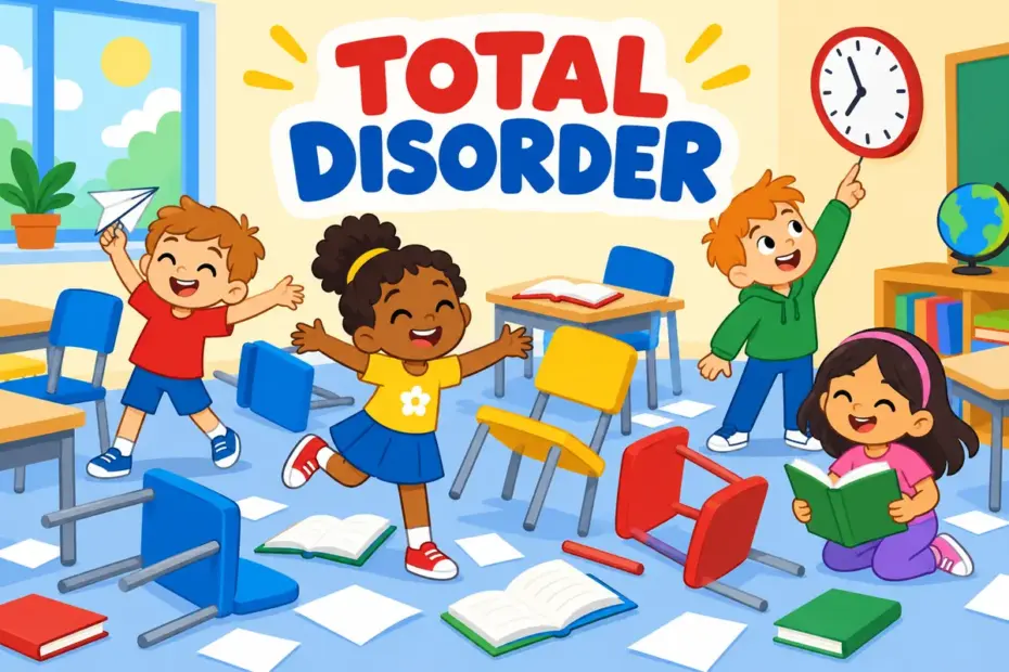 Cartoon children amid tumbled chairs and scattered books, showing chaos in a sentence as a state of total disorder.