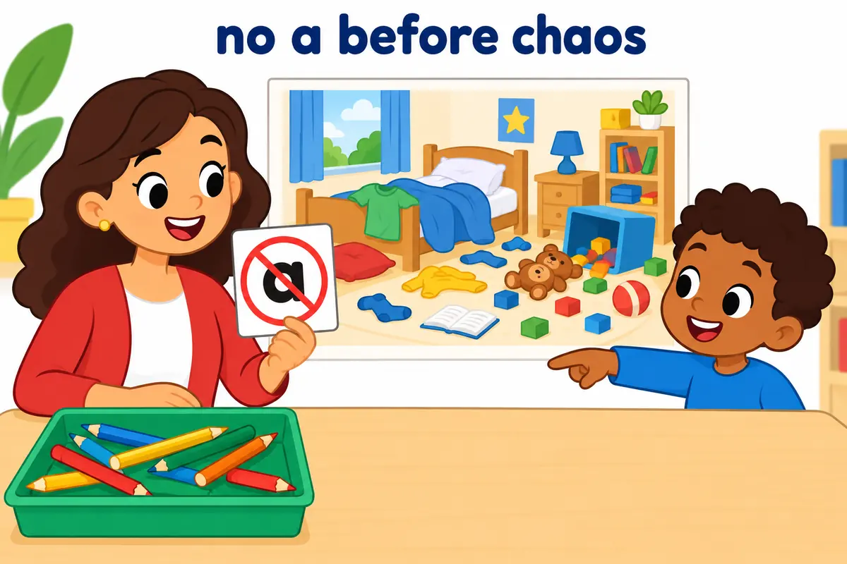 A cartoon classroom of scattered books and upturned chairs while a clock shows the same minute twice, showing chaos as uncountable.