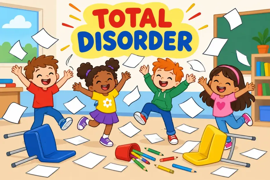 Cartoon children stand in a classroom with papers flying and chairs tipped, illustrating chaotic in a sentence.