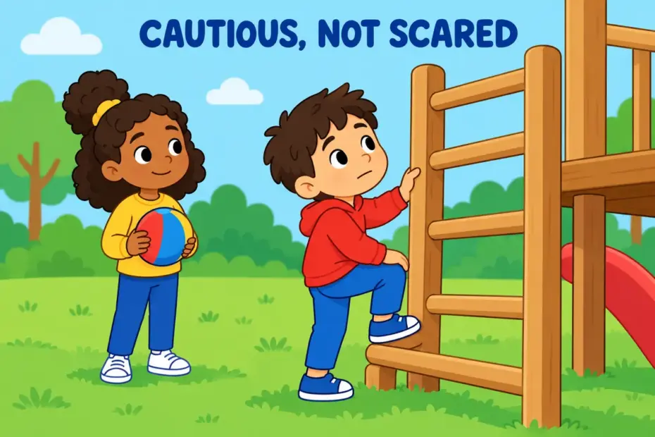 A cartoon child pauses at a climbing frame, showing chary in a sentence as cautious hesitation before acting.