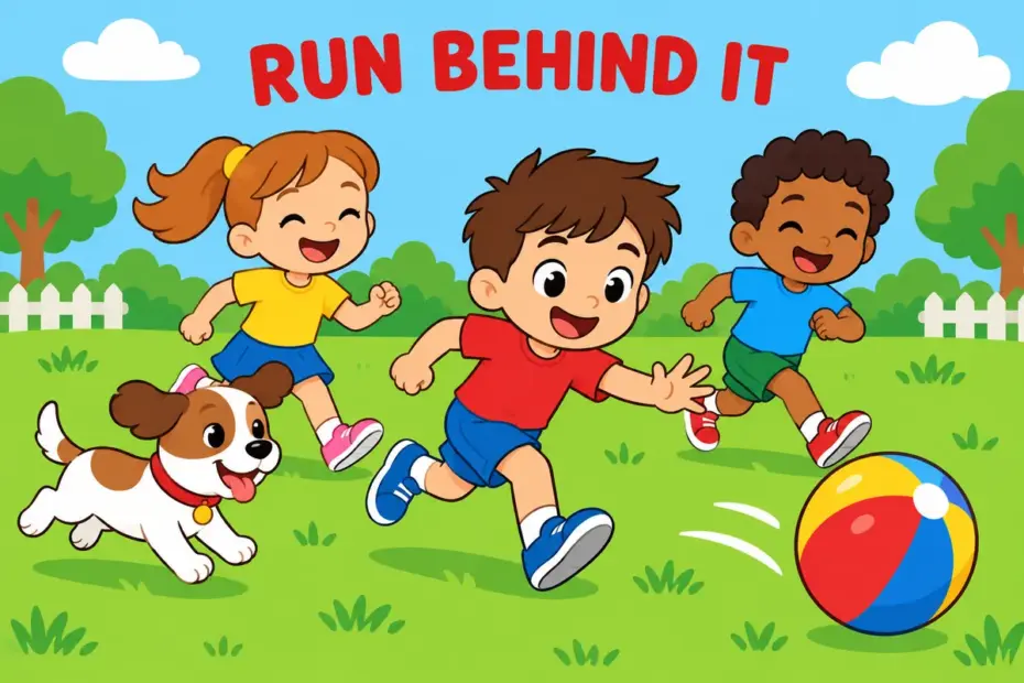 Cartoon children chase after a rolling ball across a playground, showing chase after in a sentence as running behind a moving target.