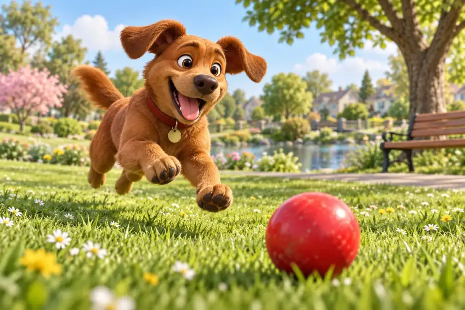 A playful dog chases a red ball across a sunny park.