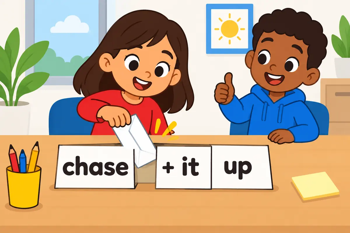 A cartoon office worker places an envelope between the words chase and up on a desk chart, showing chase up in a sentence.