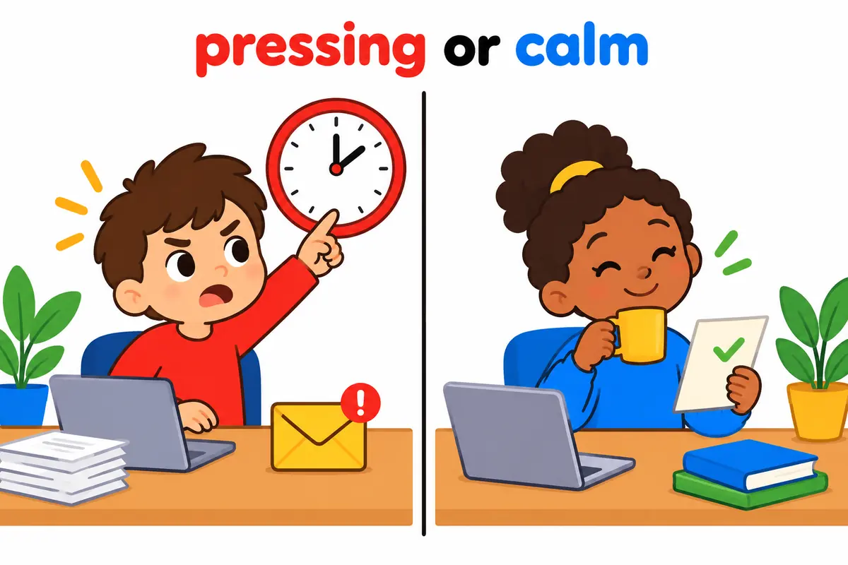 A cartoon office desk contrasts a pressing chase up email with a calm follow up note on two monitors.