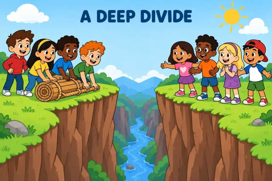 Cartoon children on opposite cliffs face a deep split between them, showing what chasm means in a sentence.