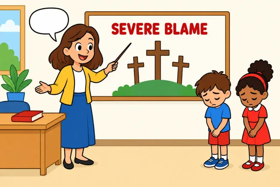 A cartoon teacher points at a board of mistakes while two pupils look downcast, showing chastise in a sentence as strong blame.