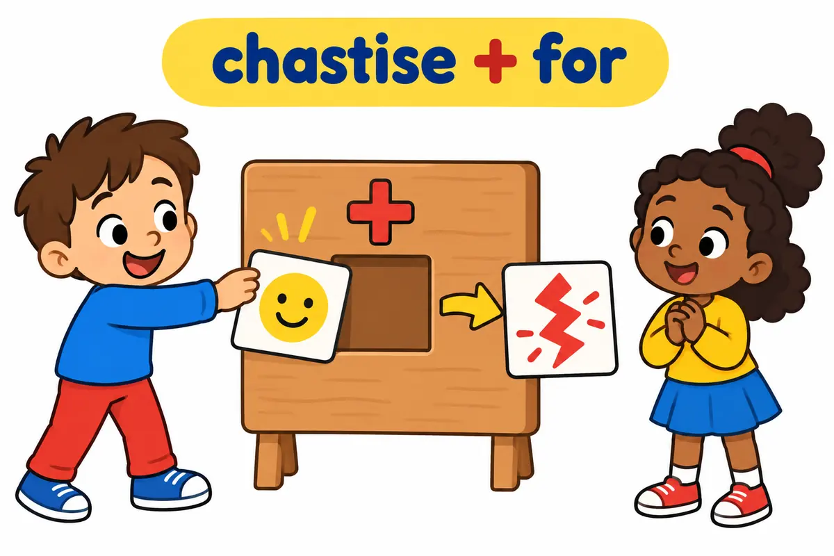 A cartoon card slides a person into the object slot after the verb chastise while for points to a named fault.