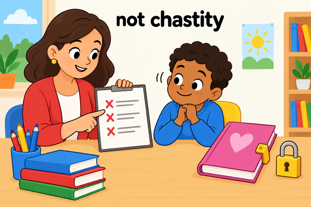 Two cartoon cards contrast a firm telling-off with a locked diary to show that chastise is not chastity.