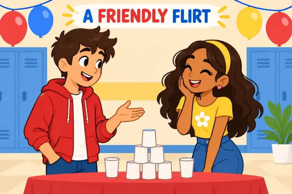 Cartoon teenagers smile and talk at a school dance, showing chat up in a sentence as a friendly, flirtatious conversation.