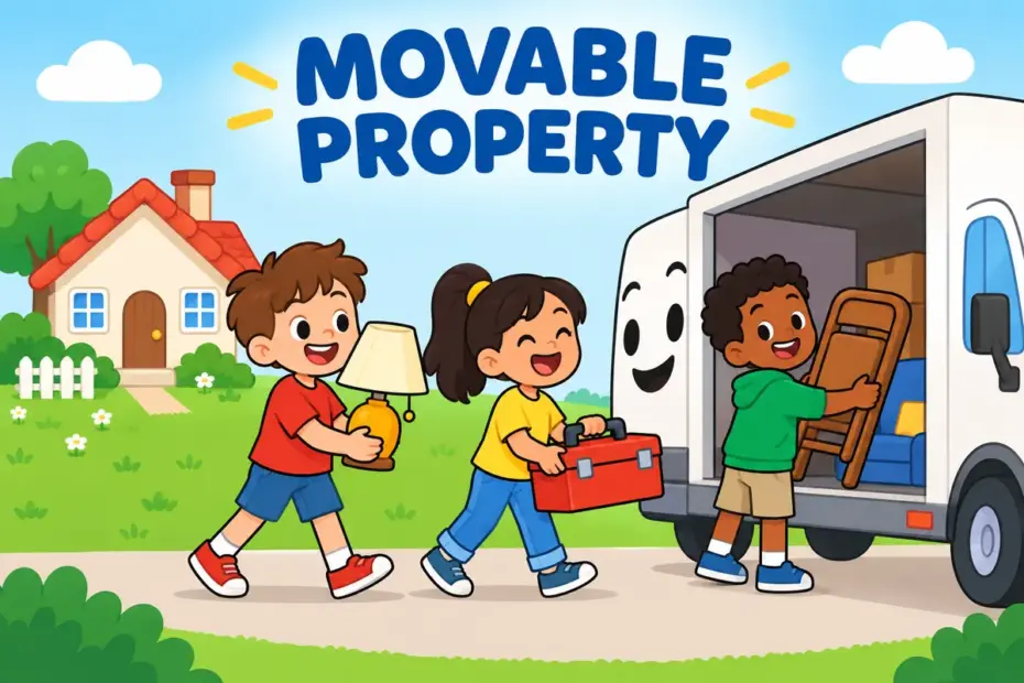 Cartoon children carry furniture and tools to a van, showing chattel in a sentence as movable personal property.