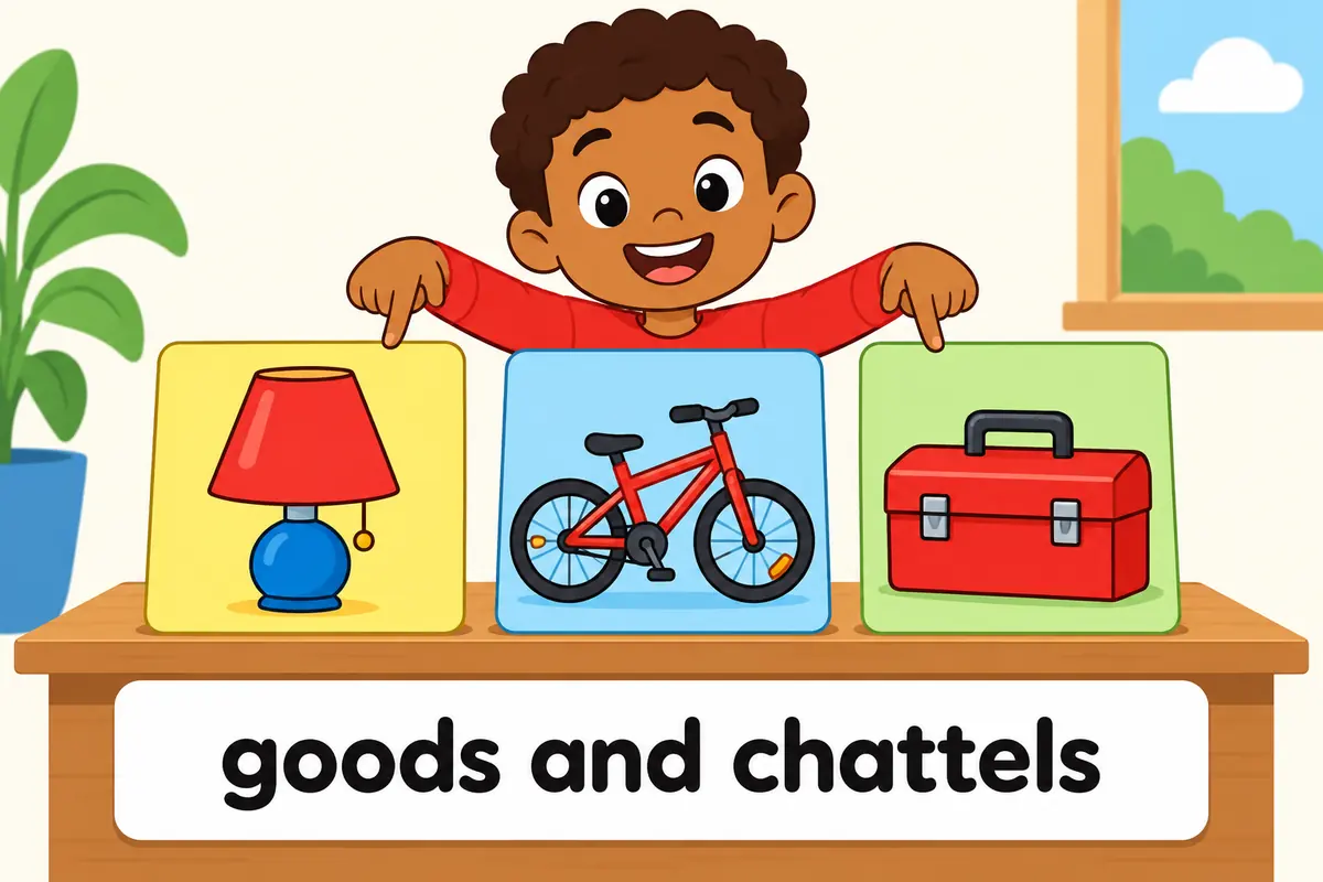 Cartoon cards show a lamp, a bicycle and a toolbox lined up beside the fixed phrase goods and chattels.