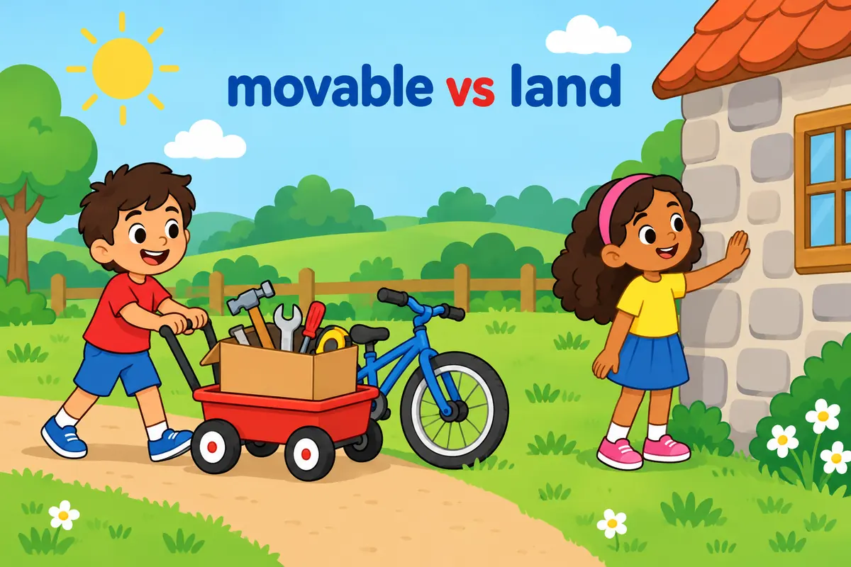 Cartoon single scene contrasts a box of tools and a bicycle on one side with a fixed cottage on the other.
