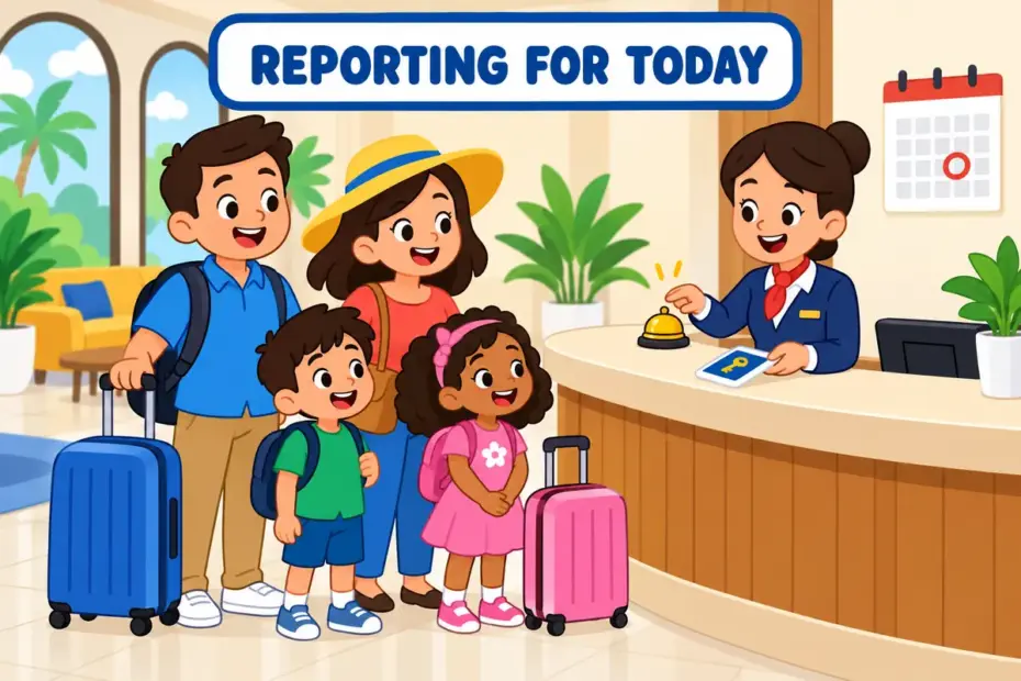 A cartoon family places bags on a hotel counter to check in, showing check in in a sentence as registering arrival.