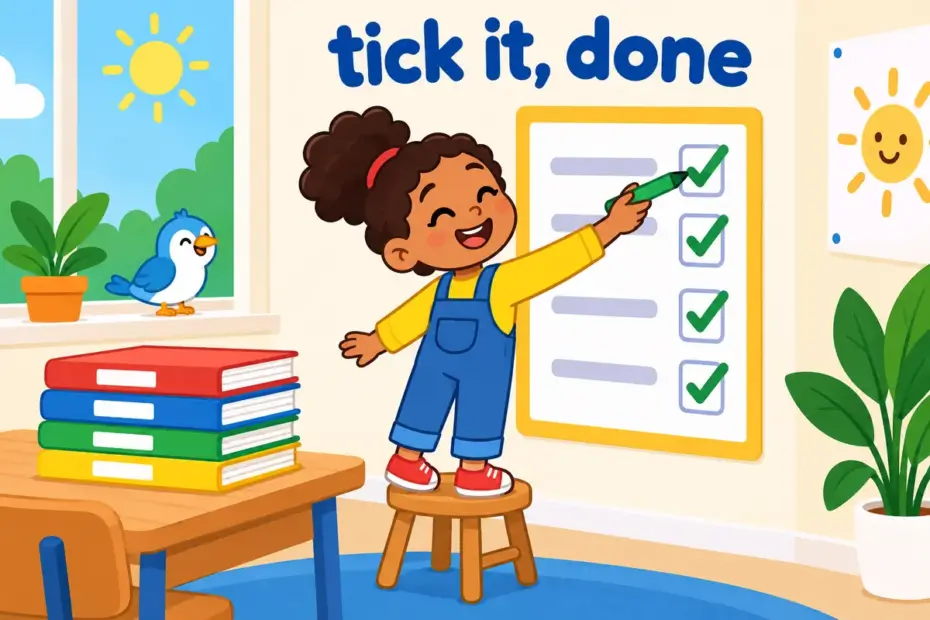 Cartoon child happily ticks the last box on a wall checklist, showing check off in a sentence as marking an item done.