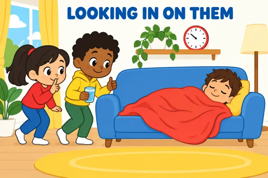 Cartoon children quietly peer at a resting friend, showing check on in a sentence as looking after someone.